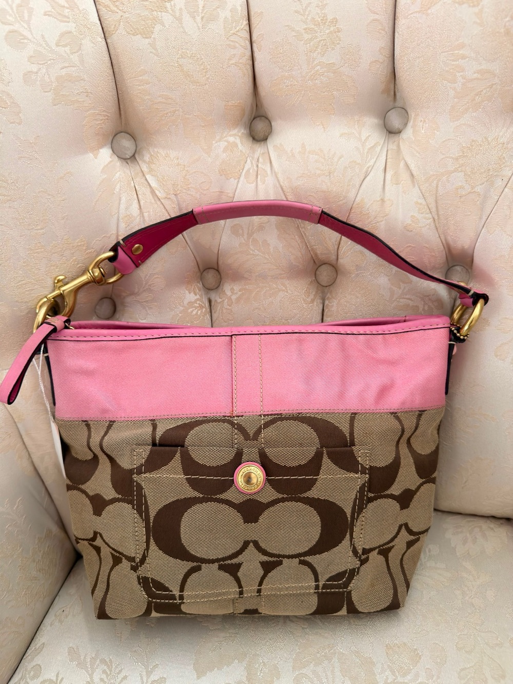 Coach Brown Signature Canvas Shoulder Bag with Pink Trim